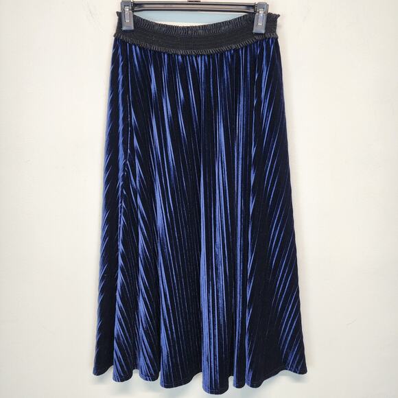 Laundry Shelli Segal Velvet Pleated Midi Skirt Size M Blue Ribbed Elastic Waist - Picture 1 of 11